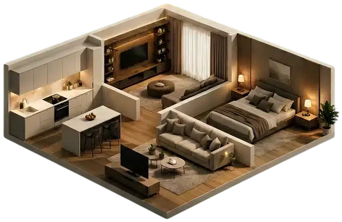 Render isometrico di una casa arredata da Mobilifici Rampazzo: cucina, parete attrezzata, divano e camera da letto