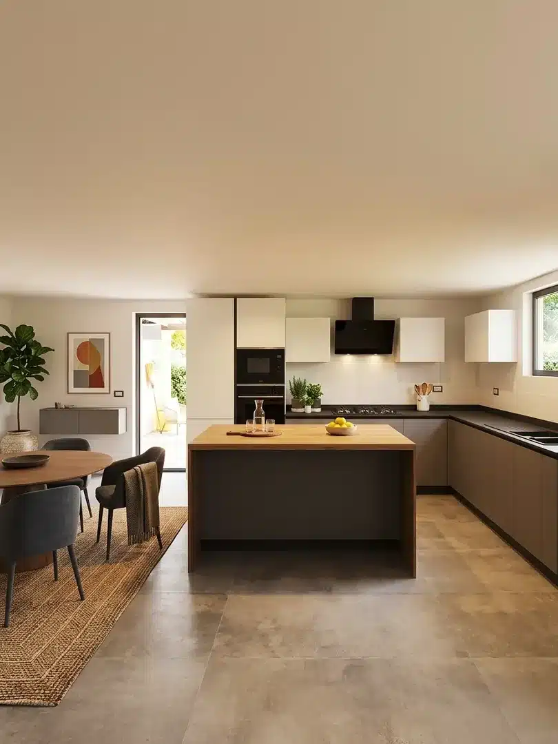 Cucina con isola e zona pranzo